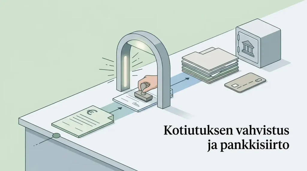 Kotiutusprosessi, jossa euromääräinen pyyntö etenee maksutililtä tarkistusvaiheen kautta pankkisiirtoon