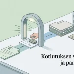 Kotiutusprosessi, jossa euromääräinen pyyntö etenee maksutililtä tarkistusvaiheen kautta pankkisiirtoon