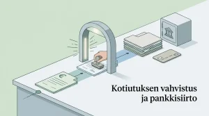 Kotiutusprosessi, jossa euromääräinen pyyntö etenee maksutililtä tarkistusvaiheen kautta pankkisiirtoon