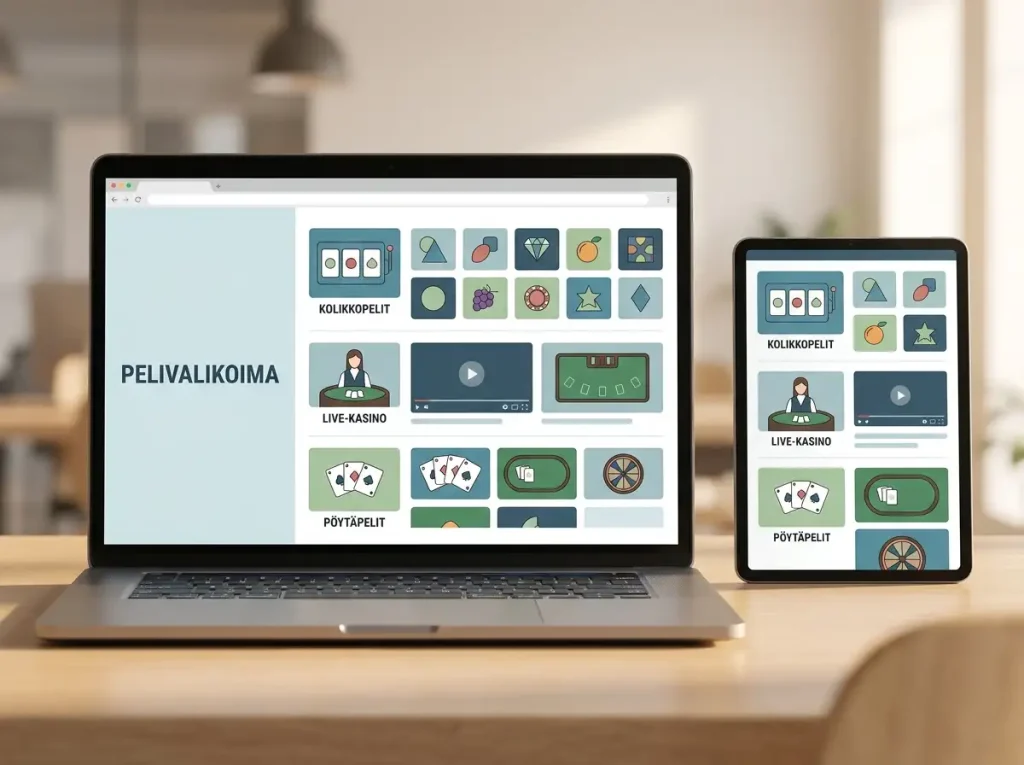 Selainpohjainen kasinopelien valikoima, jossa slotit, live-pelit ja pöytäpelit näkyvät erillisinä visuaalisina ryhminä